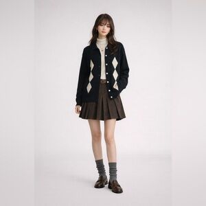 Vintage ESPRIT lambswool black long oversized cardigan w/ white argyle motif. M